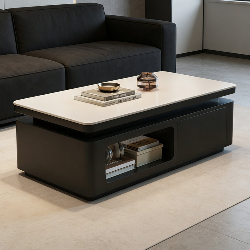 Table basse moderne et multifonctionnelle avec rangement, H 16,53 po x L 47,24 po x l 23,62 po, Blanc, Noir