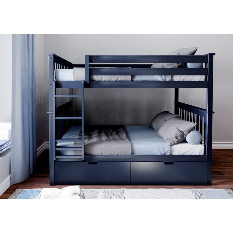 Lit superposé standard en bois massif à 2 tiroirs Streamline par Harriet Bee, Double sur double, Bleu