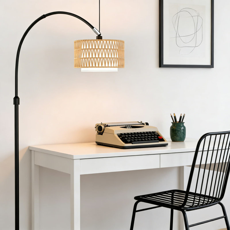 Lampe sur pied Arc avec télécommande, lampe sur pied à DEL à intensité variable avec température de couleur réglable, double abat-jour en rotin et en tissu, poteau à hauteur réglable pour le salon, la chambre à coucher et le bureau