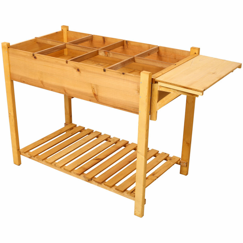 8-Pocket Raised Garden Bed, Elevated Wood Planter With Foldable Side Table And Storage Shelf For Herb, Vegetables, Flowers