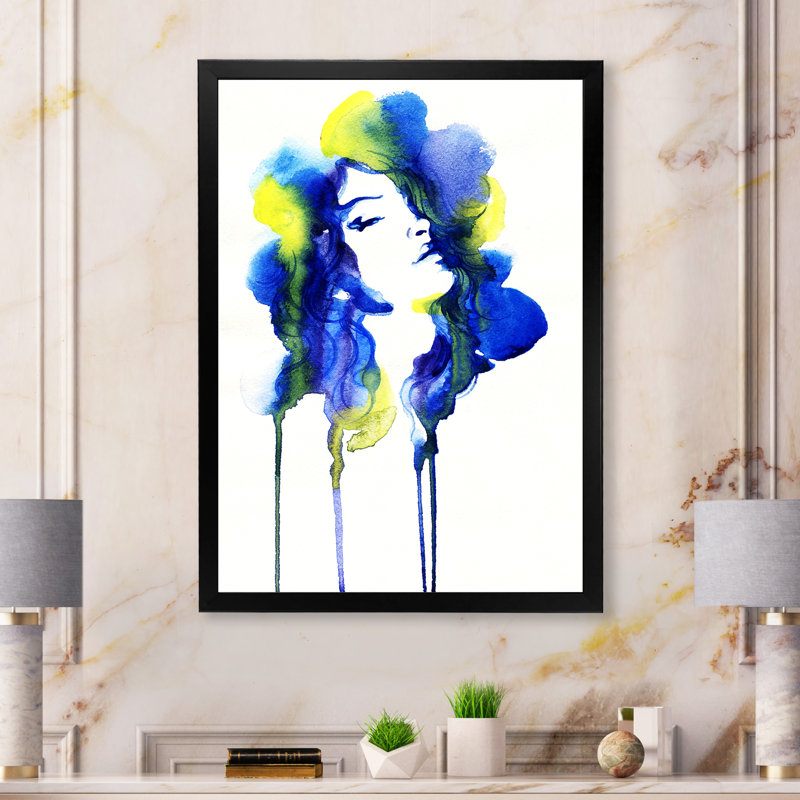 «Blue Yellow Ink Fashion Portrait» - œuvre d'art sur toile Glam, Impression noire sur toile encadrée, L 12 po x H 20 po
