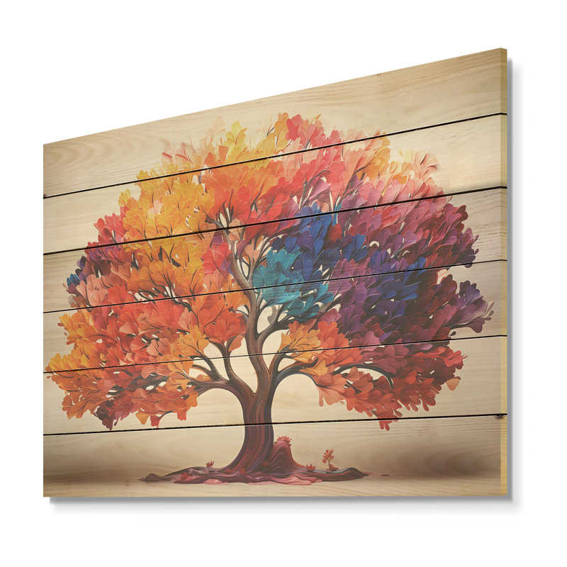 Maple Tree Colourful Abstraction - Tree Maple Wood Art On Natural Pine Wood, 10" H x 20" W