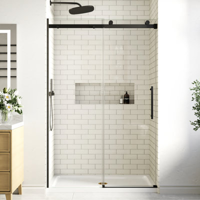 Porte de douche coulissante noire sans cadre de 44 à 48 po x H 74 po avec système de fermeture en douceur et verre trempé transparent de 1/4 po