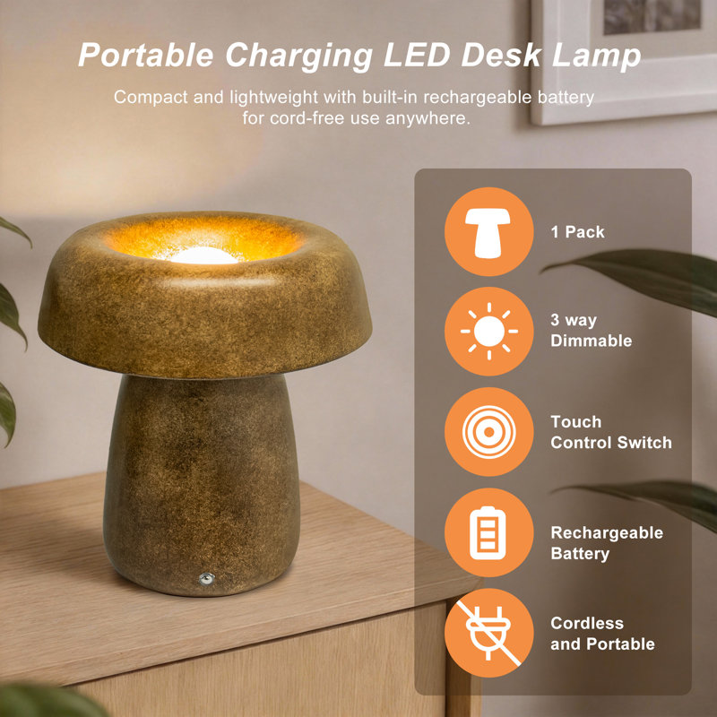 10" H Cordless Rechargeable LED Ceramic Table Lamp, Light brown