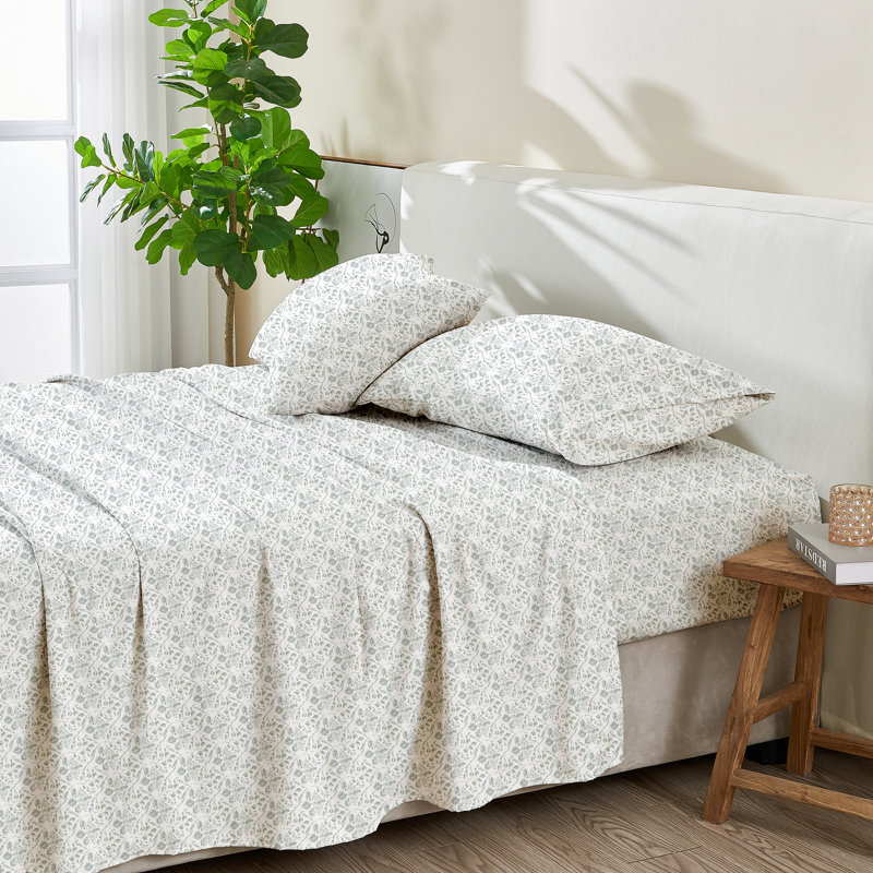 Pre Washed Microfiber Printed Sheet Set - Leiea Collection, Queen Sheet Set with 2 Pillowcases, Foliage Day/Green