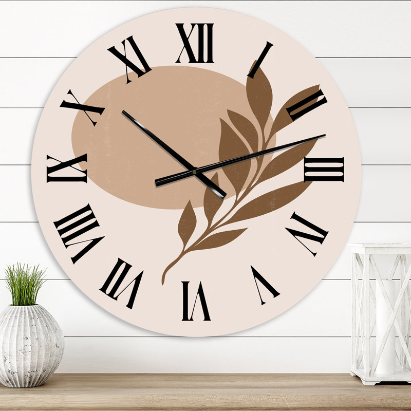 Horloge murale moderne abstrait soleil et lune en terre cuite avec feuille tropicale, Très petit