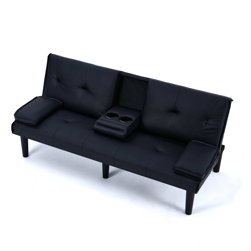 67-Inch PVC Multi-Functional Sleeper Sofa with Cup Holder & Foldable Design, Black