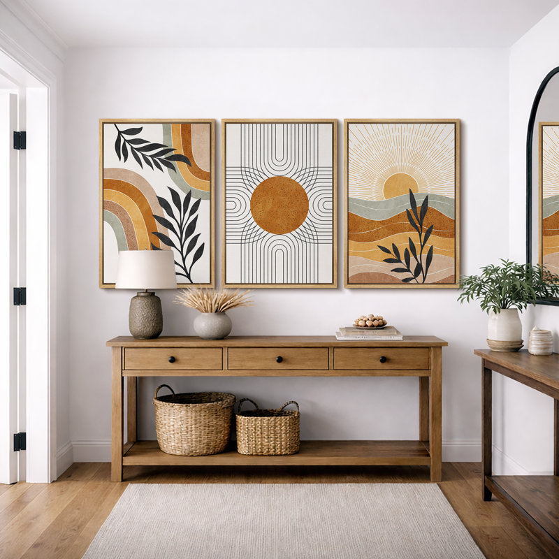"Mid Western Modern Boho" Western Orange Brown Sun, H 36 po x l 72 po, Naturel