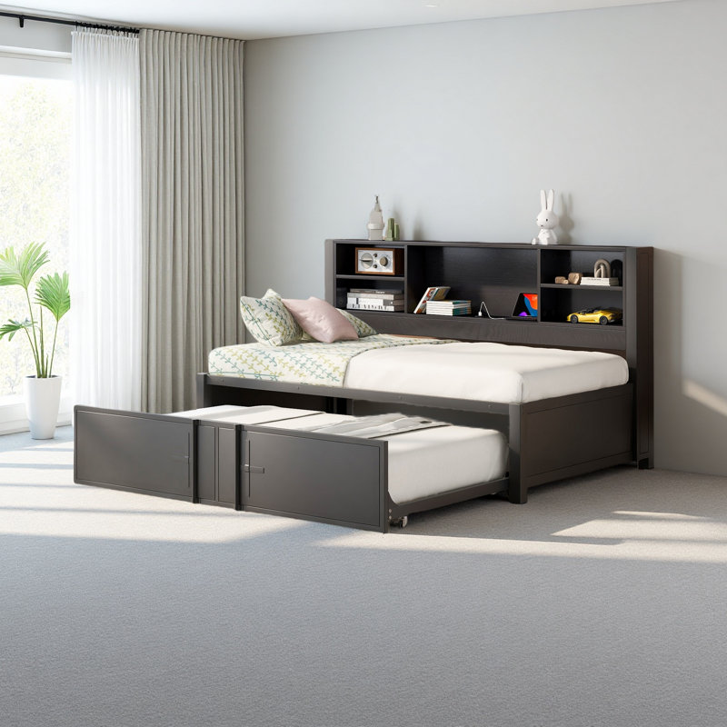 Metal Twin Size Daybed With Twin Size Trundle, Storage Shelves And USB Ports, Black