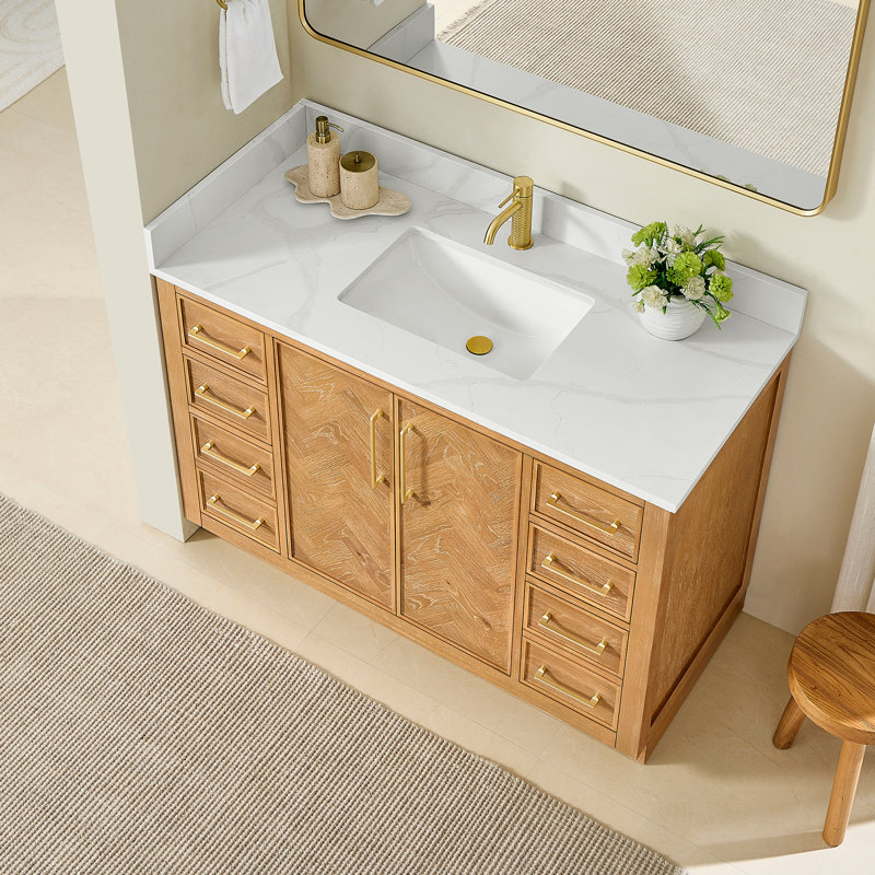 Meuble-lavabo simple 48 po Carrasco en chêne naturel brun avec plateau en pierre de quartz blanc soyeux, Or brossé, 48"