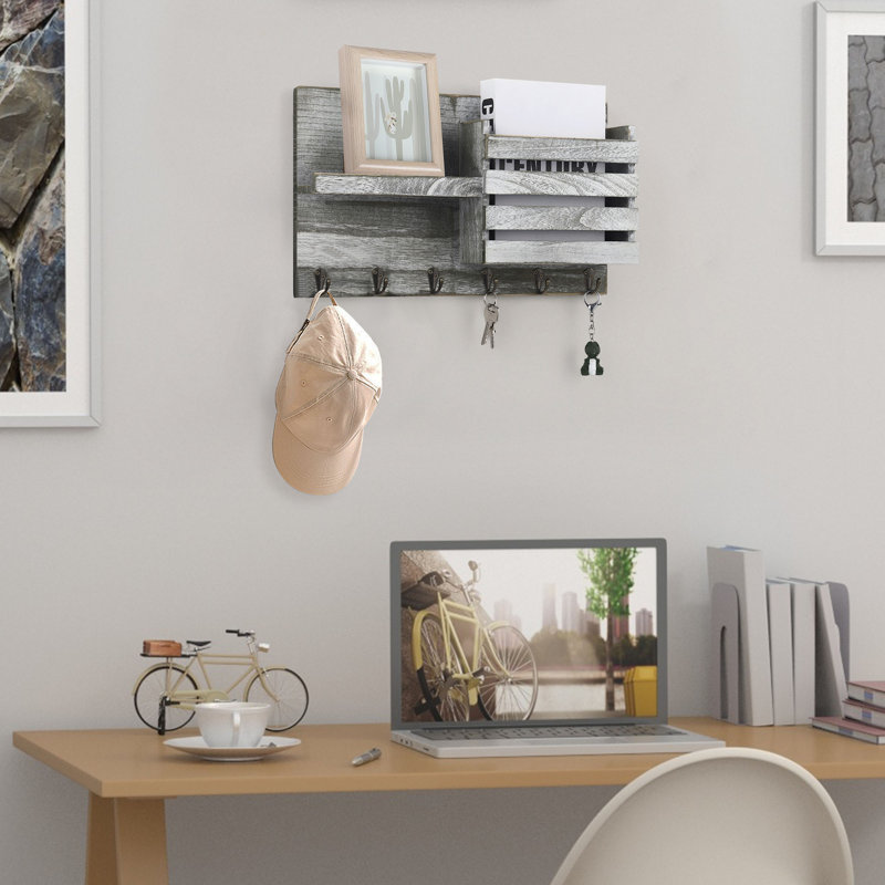 Porte-clés avec porte-clés et porte-lettres mural avec tablette et crochets, Gris