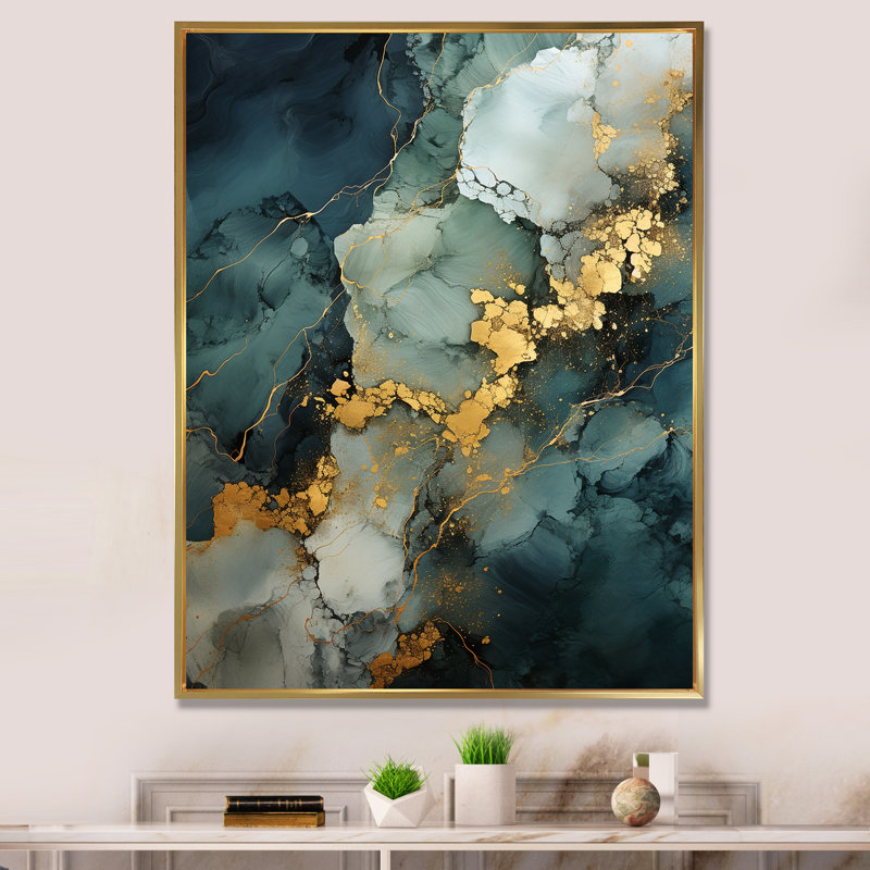 Gold And Green Abstract Marble Design I - Marble Wall Decor, Gold Floater Framed, 40" H x 30" W x 1.5" D