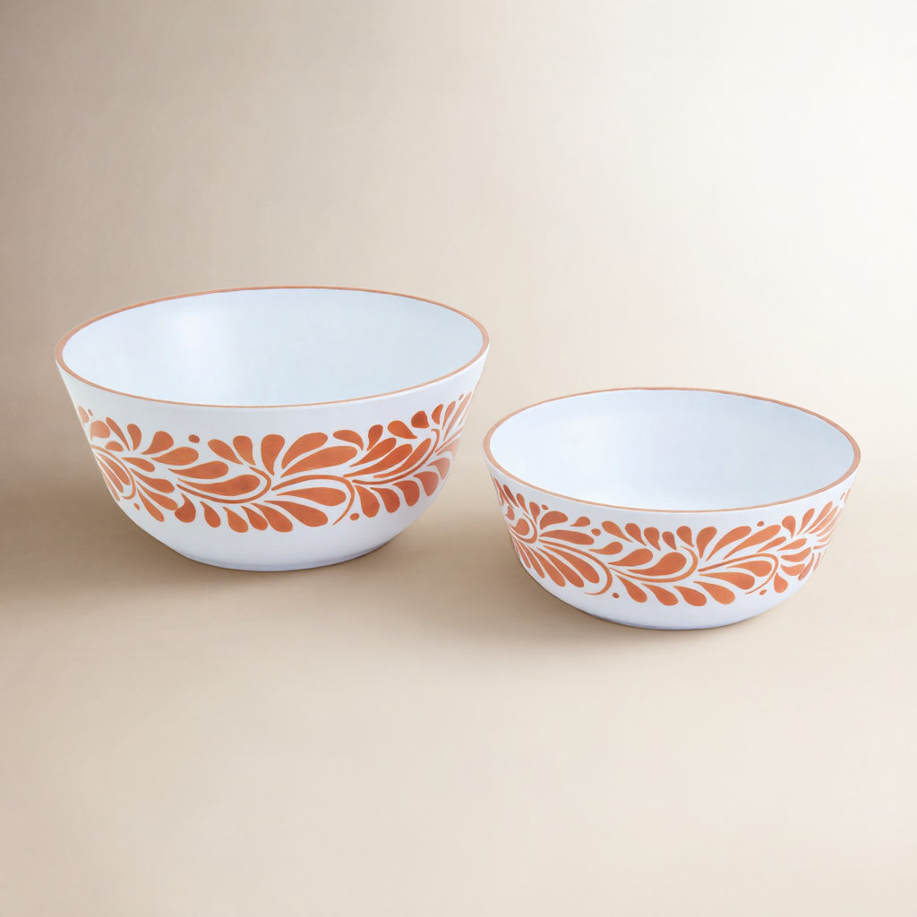 Lebrillo 2-Piece Melamine Bowl Set, White/Orange