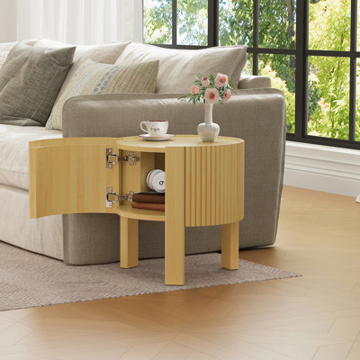 Table d'appoint ronde cannelée avec rangement pour le salon, bois d'hévéa massif, porte à fermeture en douceur, naturel, 19,6 po