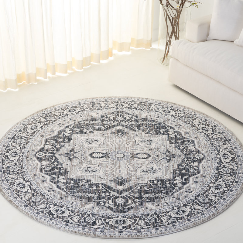 Clover Oriental Area Rug in Beige / Charcoal, Round 6'7"
