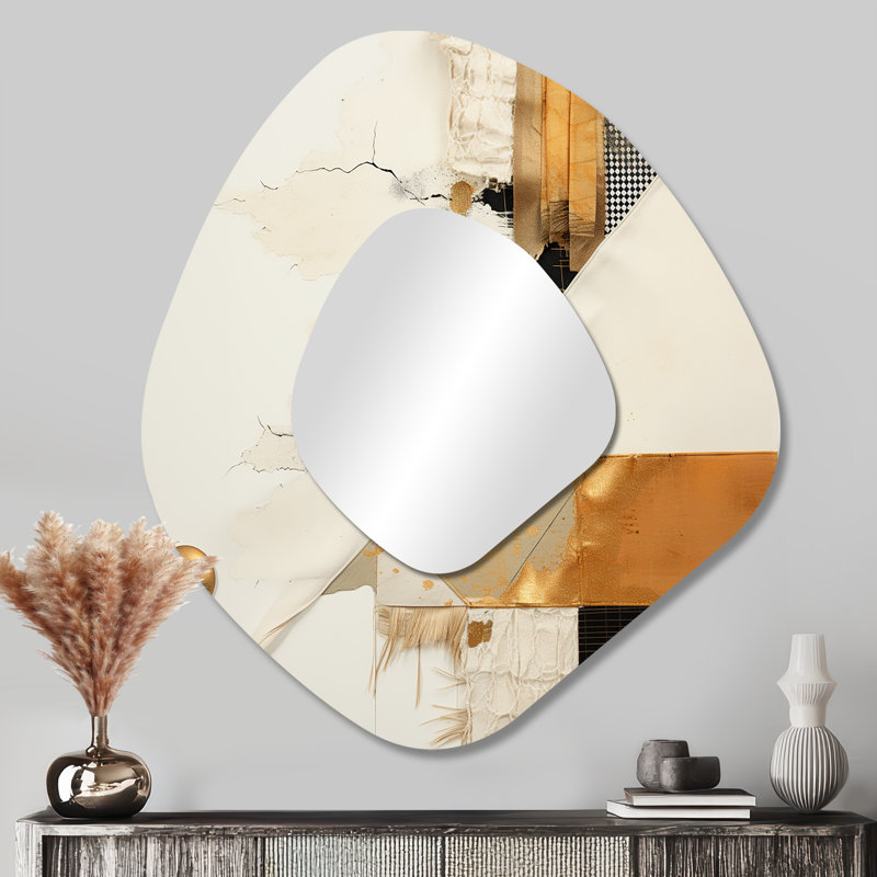 Folcroft gris et or coucher de soleil Collage VI - miroir à forme unique, collage abstrait, 35 po x 31 po