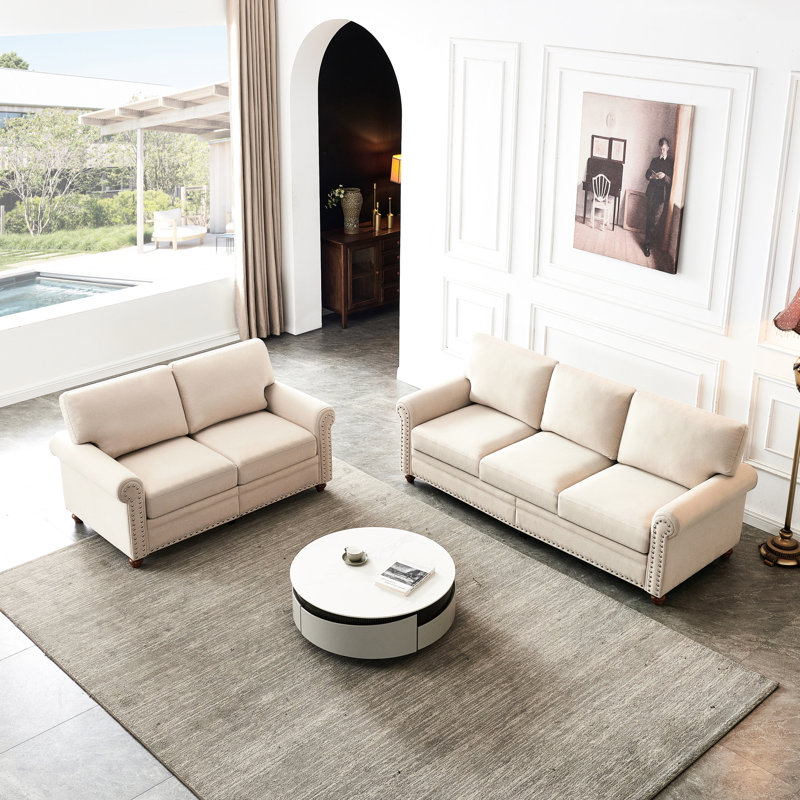 Canapé modulaire 2 + 3 recouvert de tissu de lin de couleur beige avec structure en bois massif et en métal, éponge et coussins confortables à haute élasticité, coussins de siège épais de 7 pouces de couleur beige