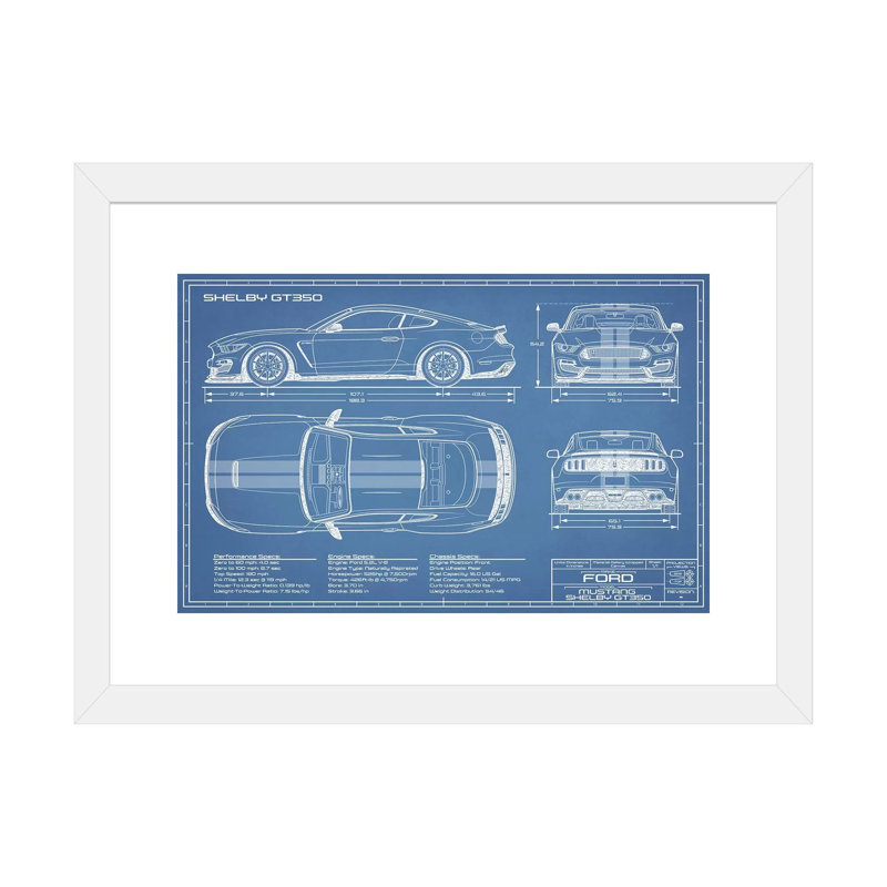 GT350 Shelby (2015-2019) Blueprint-impression de dessin, H 24 po x l 32 po x P 1 po, Papier encadré blanc, Blanc