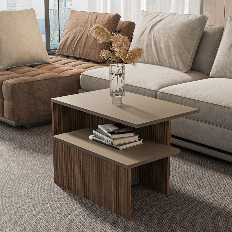Bruce Modern Nesting Table Set (2 Pieces), Taupe & Oak, Large: 28.3 x 16.5 x 17.7 inches | Small: 23.6 x 10.6 x 10.6 inches | 100% Melamine Coated Particle Board, Durable & Stylish for Living Room & Office Spaces