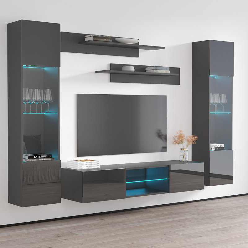 Entertainment 100" Modern Floating Wall Mounted Entertainment Center with 16-Color LED Lighting, High Gloss Finish, Gray