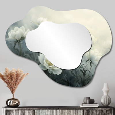 Peony In The Meadow Mist - miroir asymétrique irrégulier pivoines, miroir mural traditionnel, imprimé sur métal