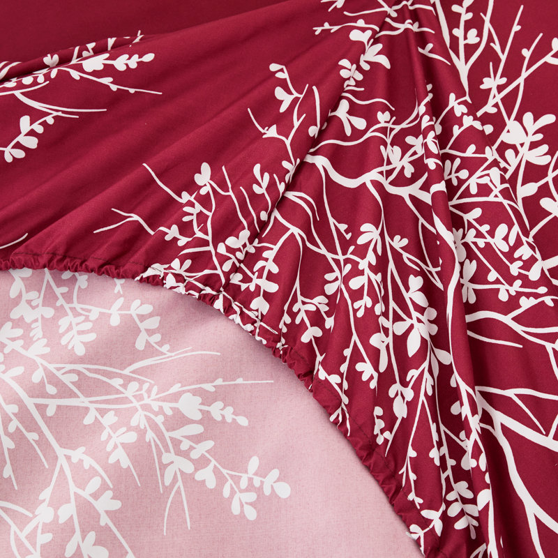 Ensemble de draps en microfibre Foliage, Bourgogne/Ivoire, Drap pour taille de lit double avec drap-housse et