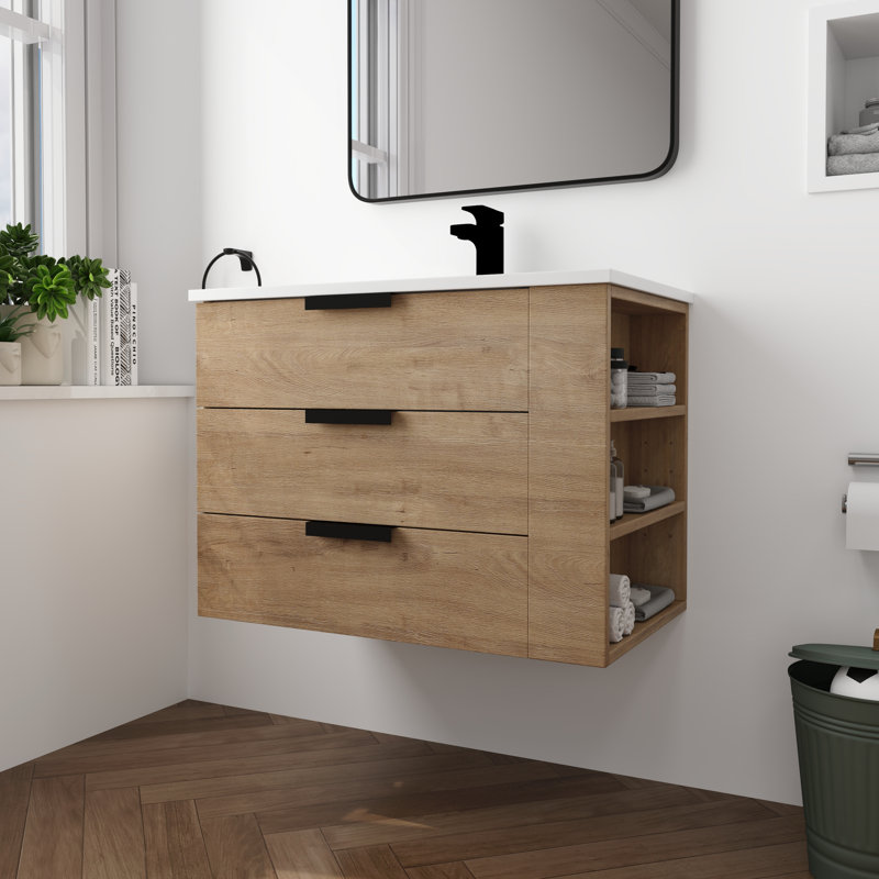 Ensemble de meuble-lavabo simple mural 30 po Carlingford, meuble-lavabo flottant avec 3 tiroirs, 2 tablettes latérales, plateau de meuble-lavabo en résine