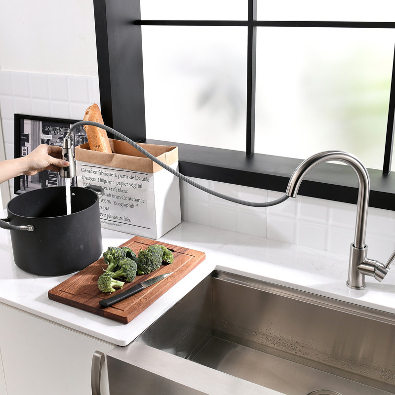 Robinet de cuisine rétractable, nickel brossé, laiton à poignée simple, activation tactile, option d'économie d'eau