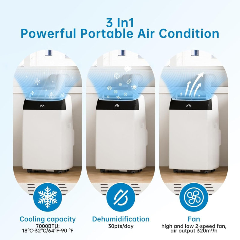 10000 BTU 3-in-1 Portable Air Conditioner, Energy Class A AC with Cooling, Dehumidifier & Fan, 3 Speeds, Swing Mode, Sleep Mode, 24H Timer & Remote Control for Bedroom Office
