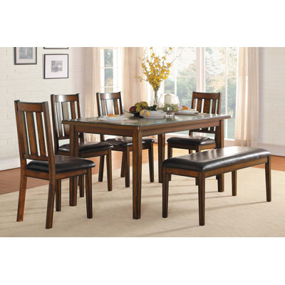 Espresso Finish 6pc Dining Set Tabe Bench and 4 Chairs Set Black Faux Leather Upholstered Seat Dining Kitchen Set Wooden Furniture