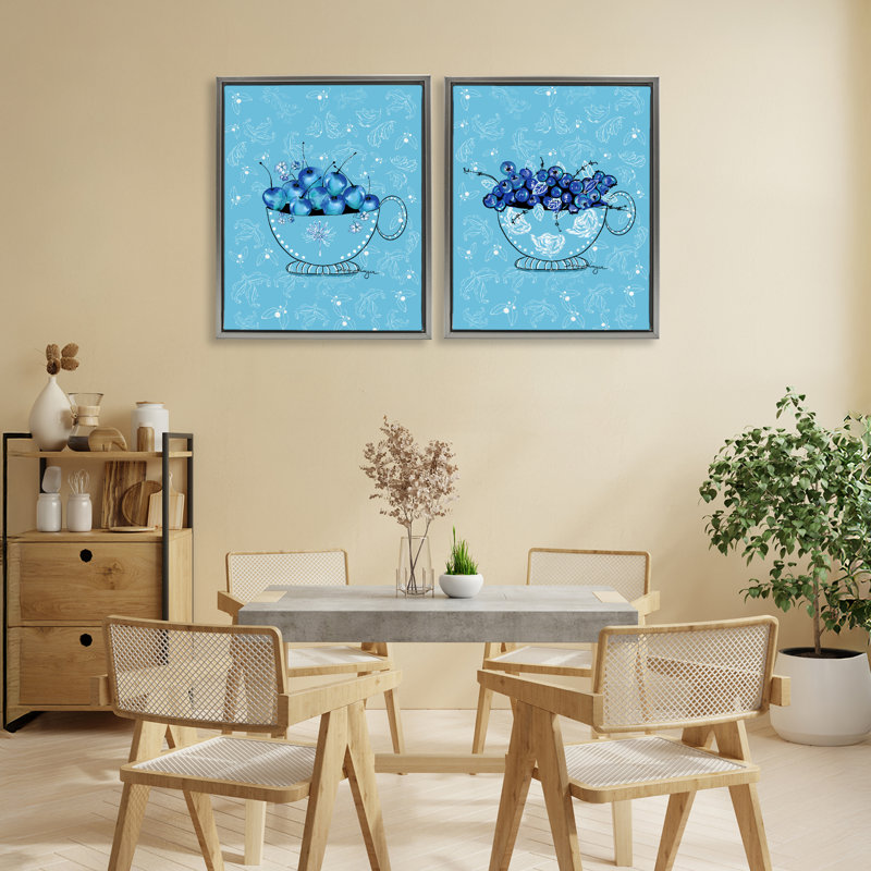 Ensemble de 2 cadres flottants Blue Fruit Teacups, design par Susan Lugar, H 21 po x l 17 po, Gris