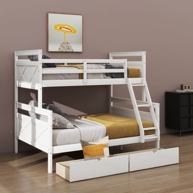 Lit superposé simple au dessus d'un lit double fonctionnel avec échelle, deux tiroirs de rangement, Blanc