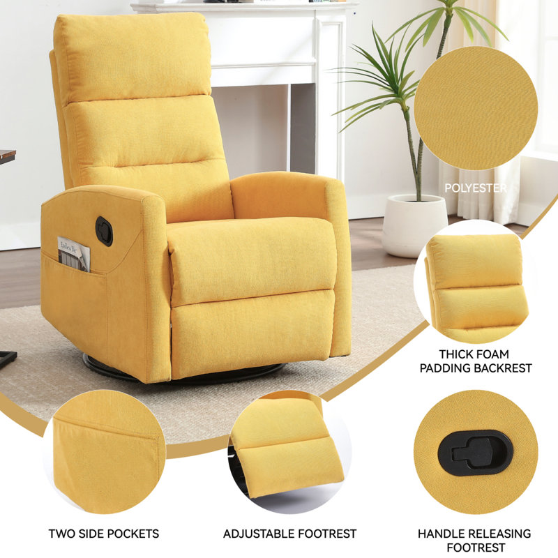 Manual Recliner Chair With Rocker And Swivel In Fabric For Living Room, Yellow