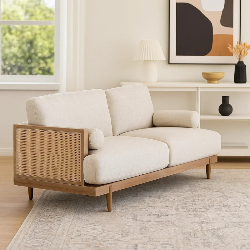 Causeuse Senu, 2 coussins, coussin beige, rotin chêne clair brun 65 po, Brun chêne clair