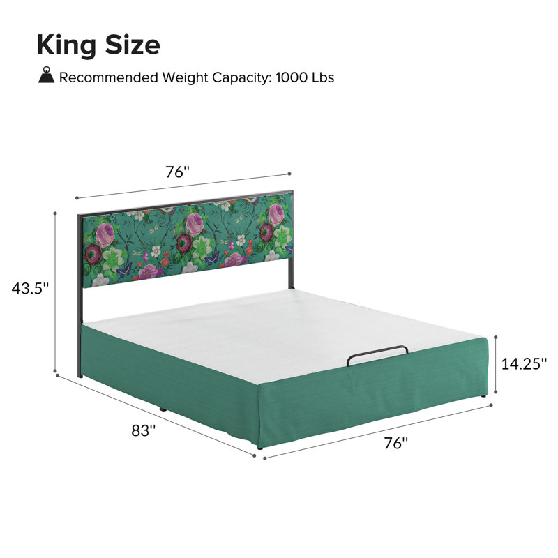 Neilius Upholstered Platform Bed with Washable Slipcover, King, Pattern Bird