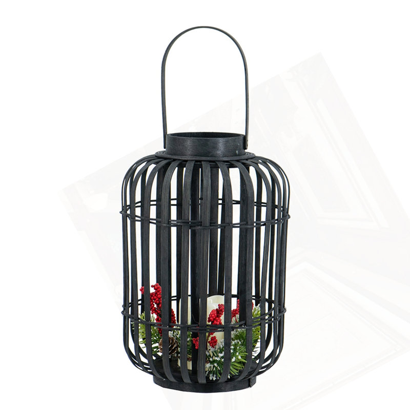 9.3X9.3X13.8" Black Bamboo Lantern With White LED Candle, 13.8" H x 9.3" W x 9.3" D