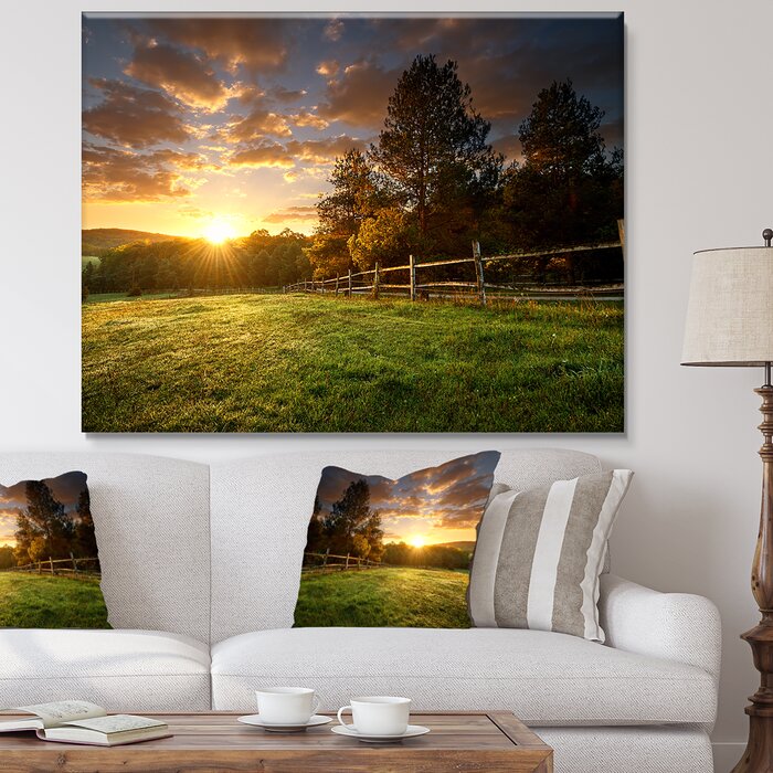 Charlton Home® Fenced Ranch At Sunrise On Canvas Print & Reviews | Wayfair