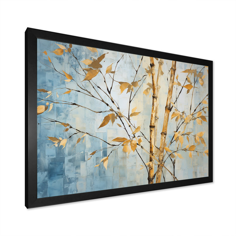 " Gold And Blue Bamboo V ", 24" H x 32" W x 1" D, Black Picture Framed
