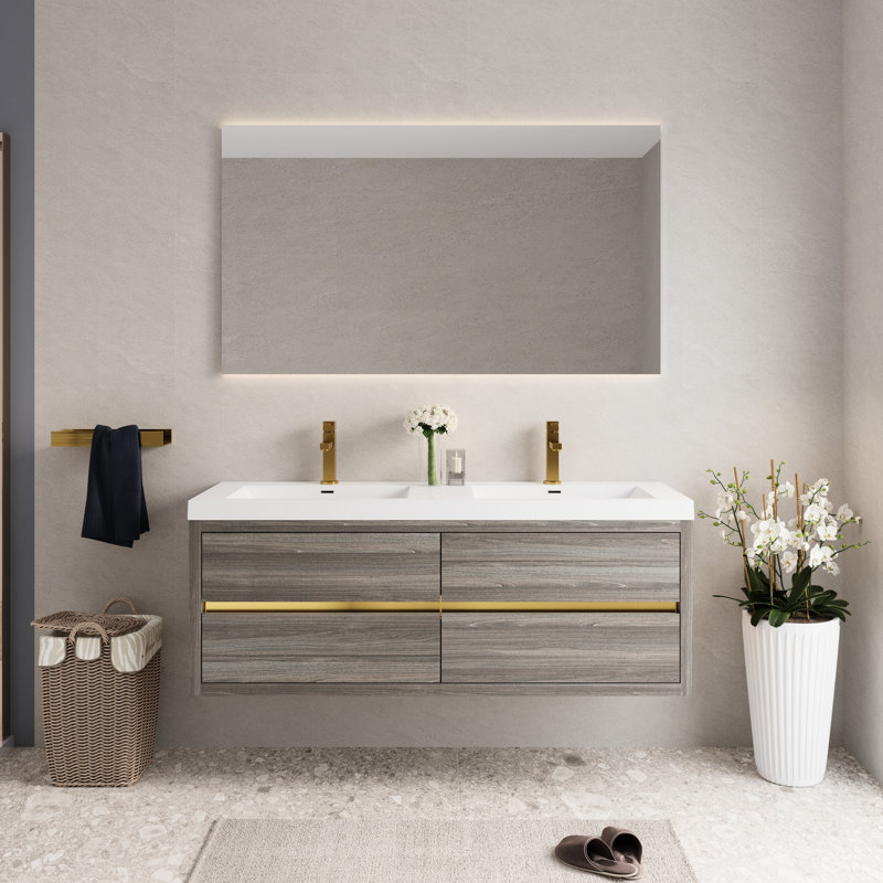 Meuble-lavabo de salle de bain à double cuve flottant gris cendré 60 po, spécifications de comptoir en résine de pierre, structure de tiroir à fermeture en douceur, base pré-assemblée pour une utilisation efficace, conception de volume de rangement en U, bois