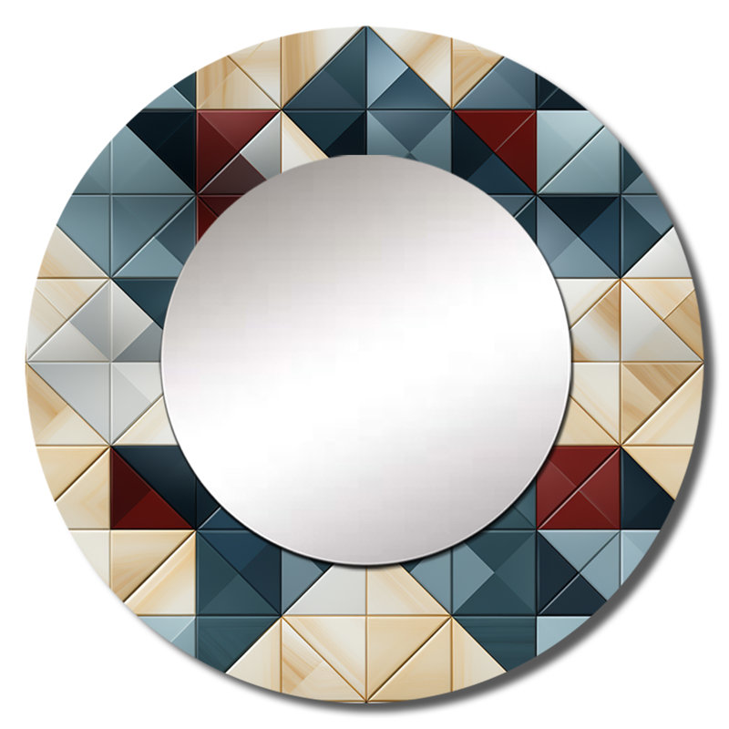«Rogeli Blue and Gray Cubic Angularity», miroir géométrique, miroir mural rond unique moderne, impression sur métal
