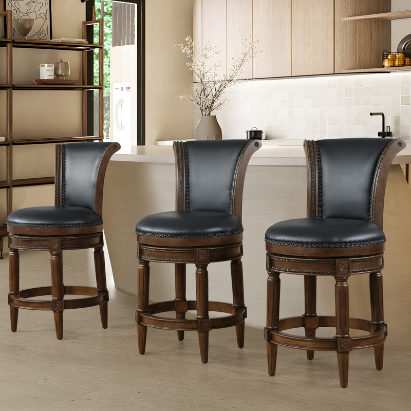 Tabourets de bar rembourrés Elveria avec structure en bois et garniture cloutée, Noyer, Dark Grey, 3