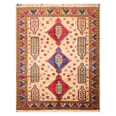 Tapis unique en laine noué à la main de 6 pi 6 po x 9 pi 4 po de couleur pêche / bleu royal / rouge Justyne