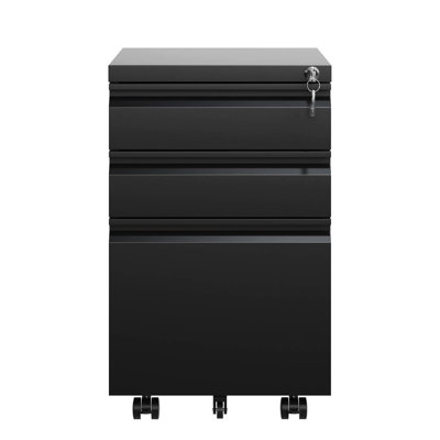 3 Drawer Filing Cabinet With Lock, Metal, Black, Fully Assembled, Organize Office Space, Build Metal Lockable Cabinet, Home Stationery Storage, Robust Construction Applied