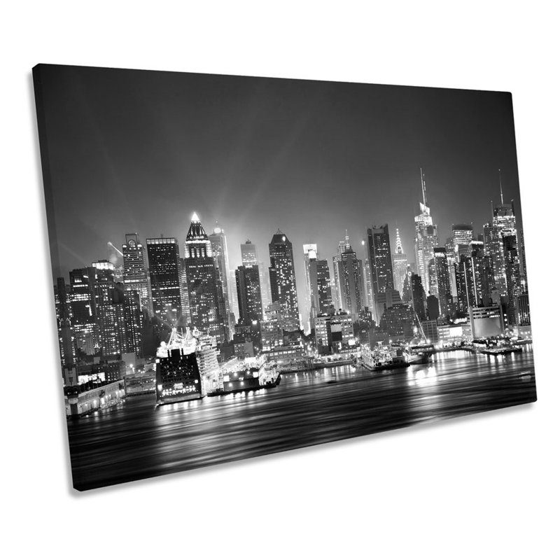 New York City Night Skyline B&W - Wrapped Canvas Print, 91.4cm W x 61cm H