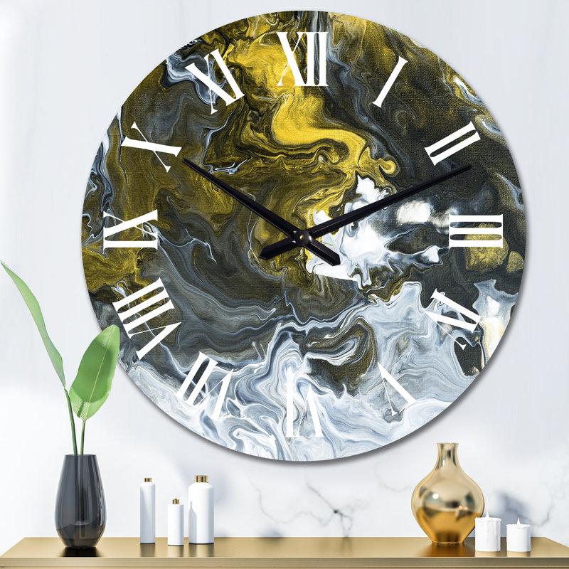 Horloge murale moderne noir et blanc, marbre liquide jaune II, Grand