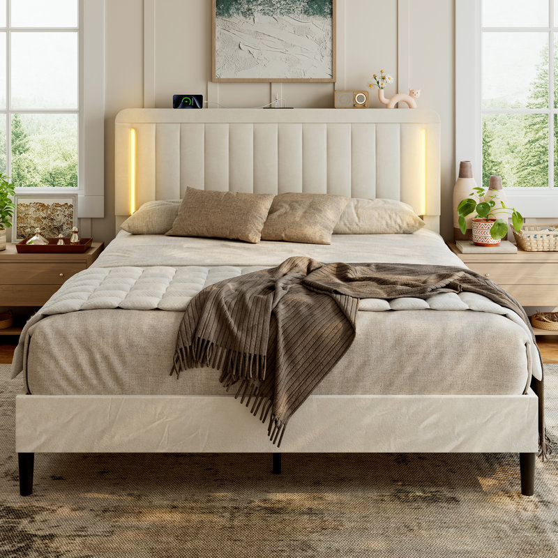 Lit plateforme tapissier avec tête de lit et lumières DEL, Beige, Full