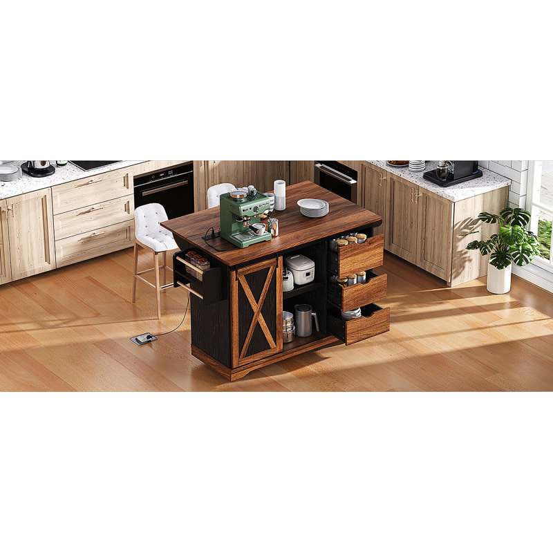 55.5" Farmhouse Kitchen Island With Drop Leaf, Kitchen Storage Island With Barn Door, Power Outlet, Rolling Kitchen Cart On Wheels With Spice Rack, For Home, Kitchen, Dining Room, Black