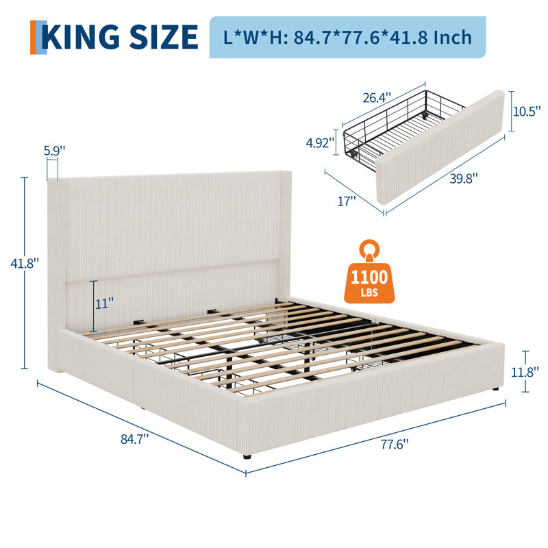 King Size Bed with Storage Drawers, Corduroy Upholstered Platform Bed Frame with Wingback, Tufted Headboard and Footboard, No Box Spring Needed, Beige