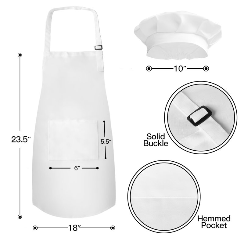 Kid's Apron with Chef Hat Set (3 Set) - Children’s Bib with Pocket for Cooking, Baking, Painting - 6-12 Kid, White