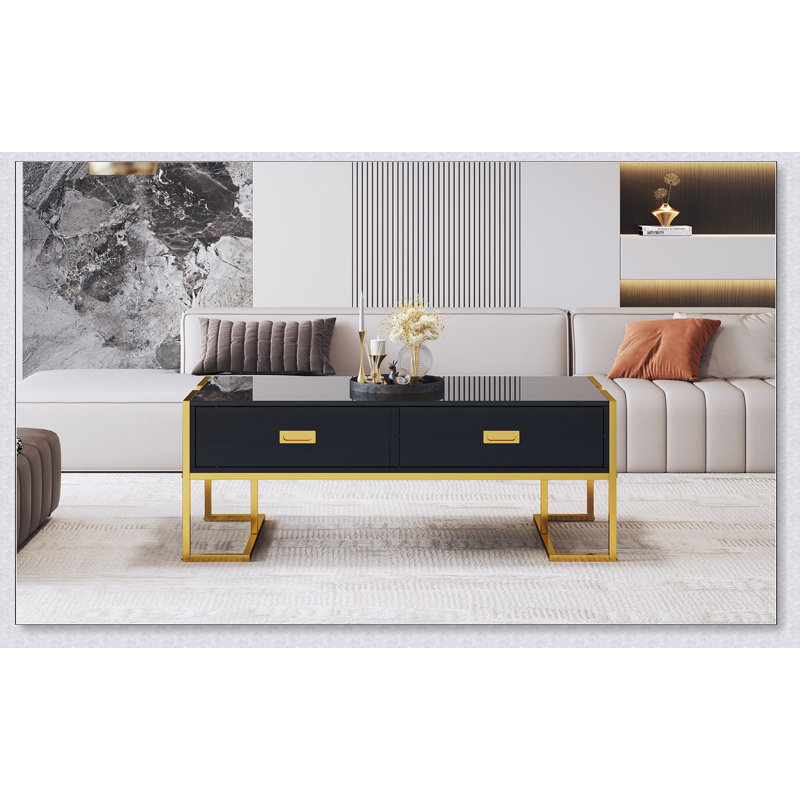 Table basse moderne noire moderne avec 4 tiroirs, combinant un design élégant et un grand espace de rangement pour une vie contemporaine.